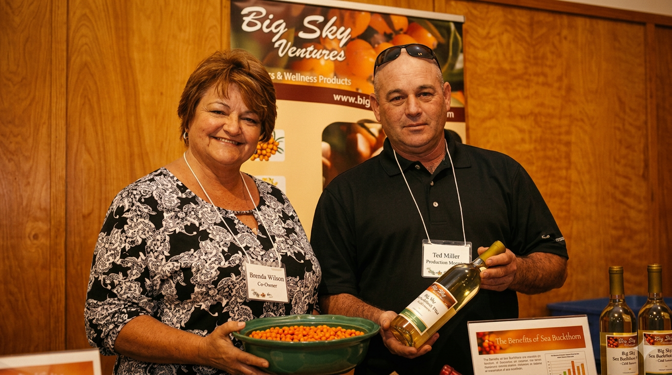 Clary Bartlett and Beth Fowler holding a bowl of fresh sea buckthorn berries and a bottle of estate wine