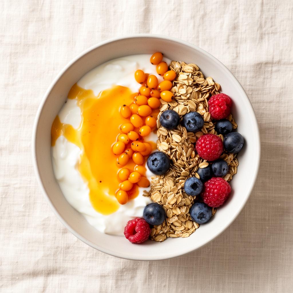 Yogurt bowl topped with sea buckthorn berries
